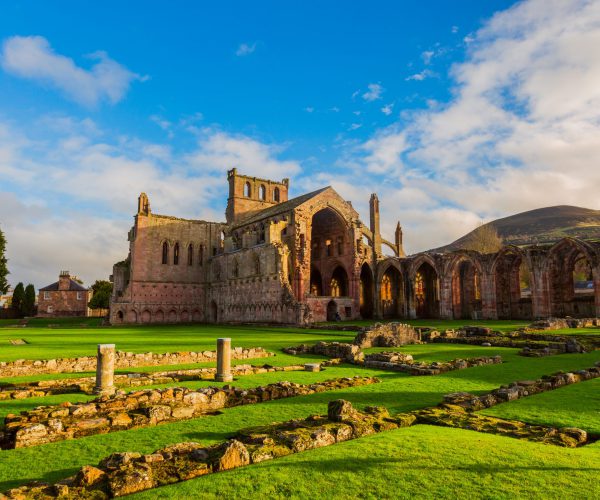 Ruins of Melrose Abbey in the Scottish Borders region in Scotland.